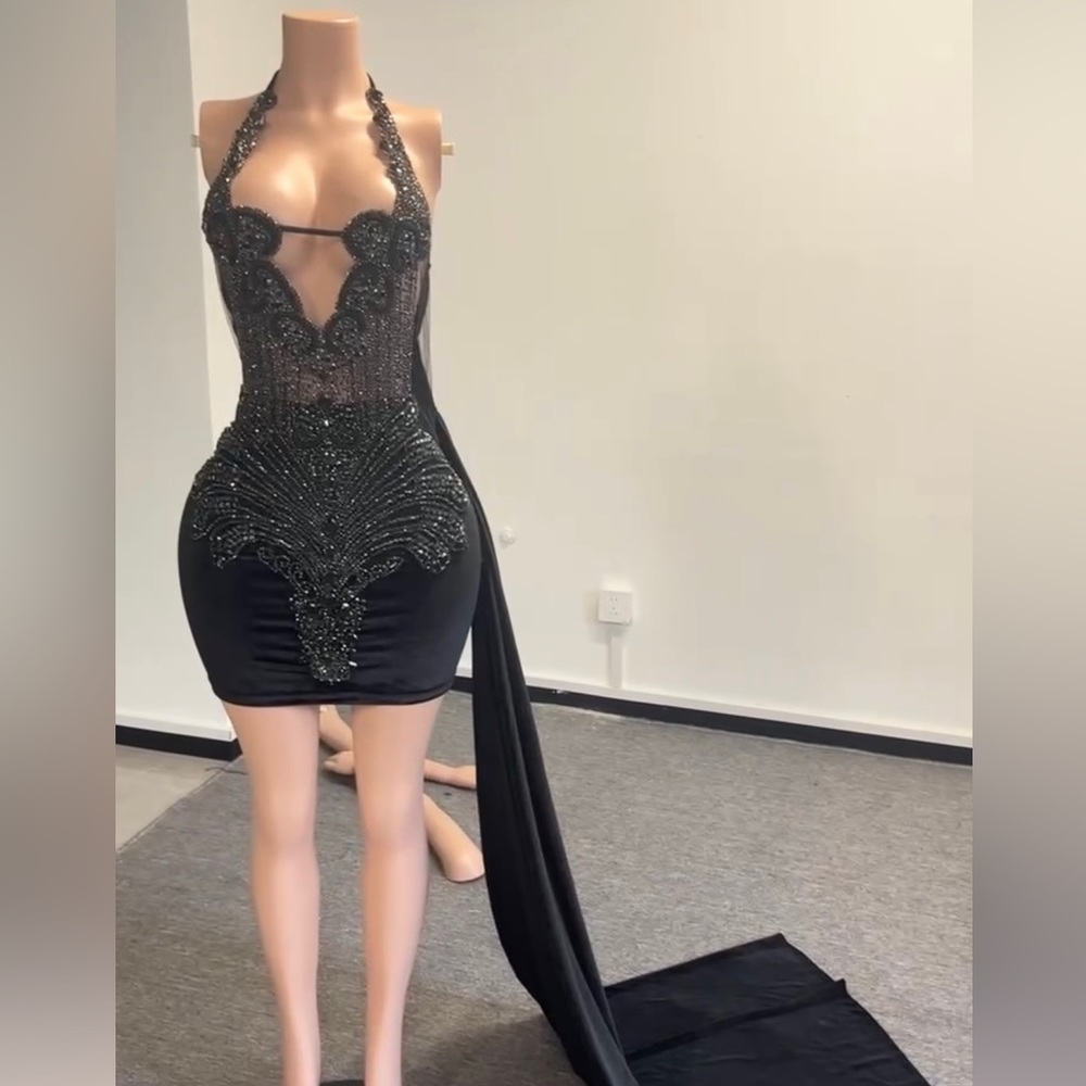 Black velvet rhinestone dress.